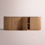Sopravelle Emperador Media Console — NATURAL OAK / GOLD MARBLE / 4-DOOR CONSOLE 96“