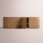 Sopravelle Emperador Media Console — NATURAL OAK / GOLD MARBLE / 4-DOOR LOW CONSOLE 96”