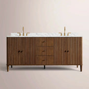 Luvoriel Reeded Double Vanity — BROWN OAK / CARRARA / RECTANGLE