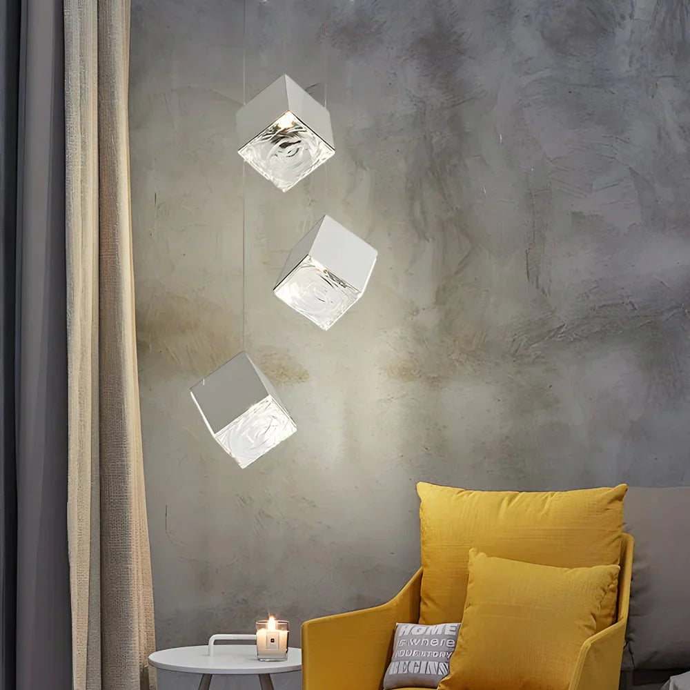 1/3/6/9-Light Multi Glass Ice Cube Metallic Staircase Chandelier