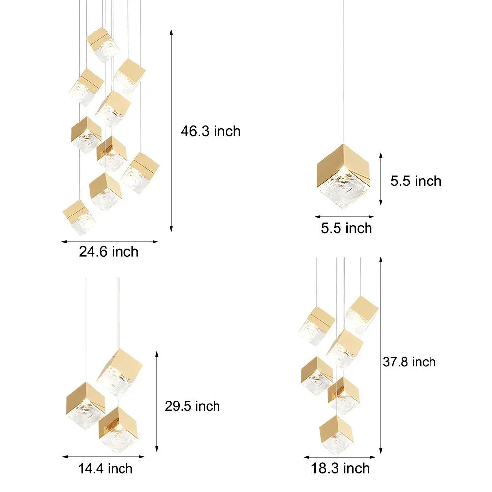 1/3/6/9-Light Multi Glass Ice Cube Metallic Staircase Chandelier