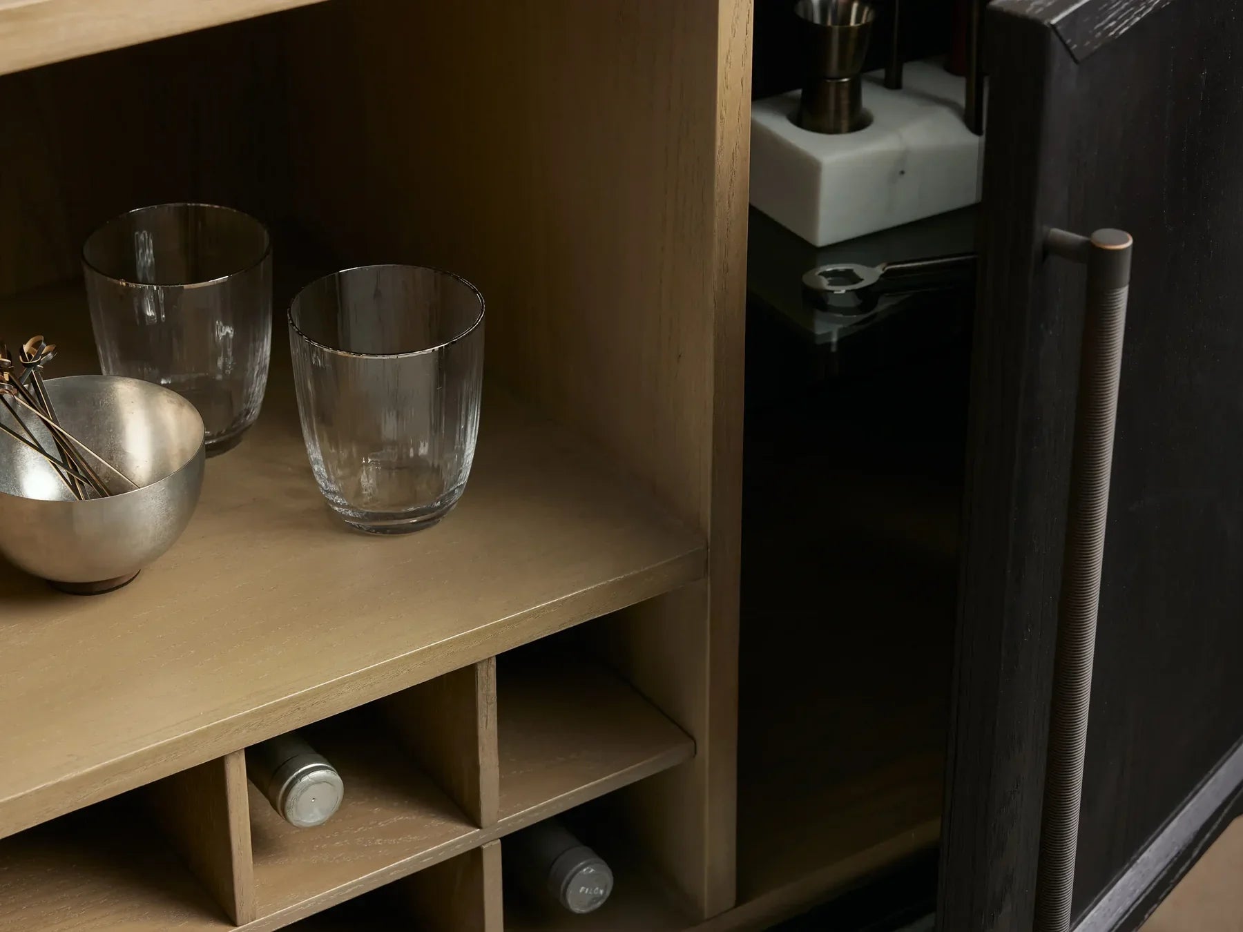 Haven Oak Liquor Cabinet 36”W
