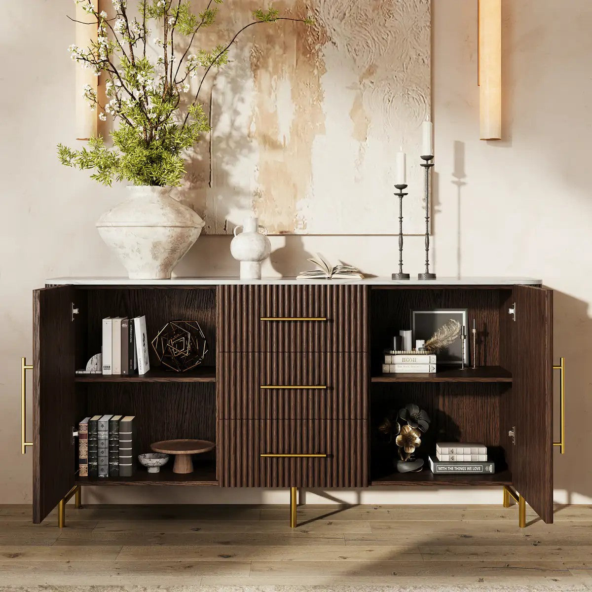 Cedar Oak Stone Sideboard With Drawers For Dining Room