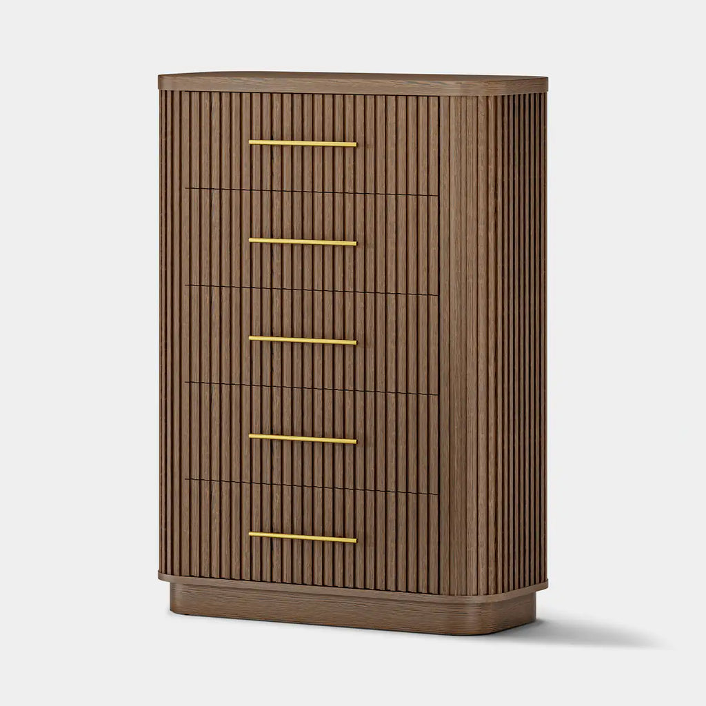 Rhea Solid Oak 5-Drawer Tall Dresser For Bedroom