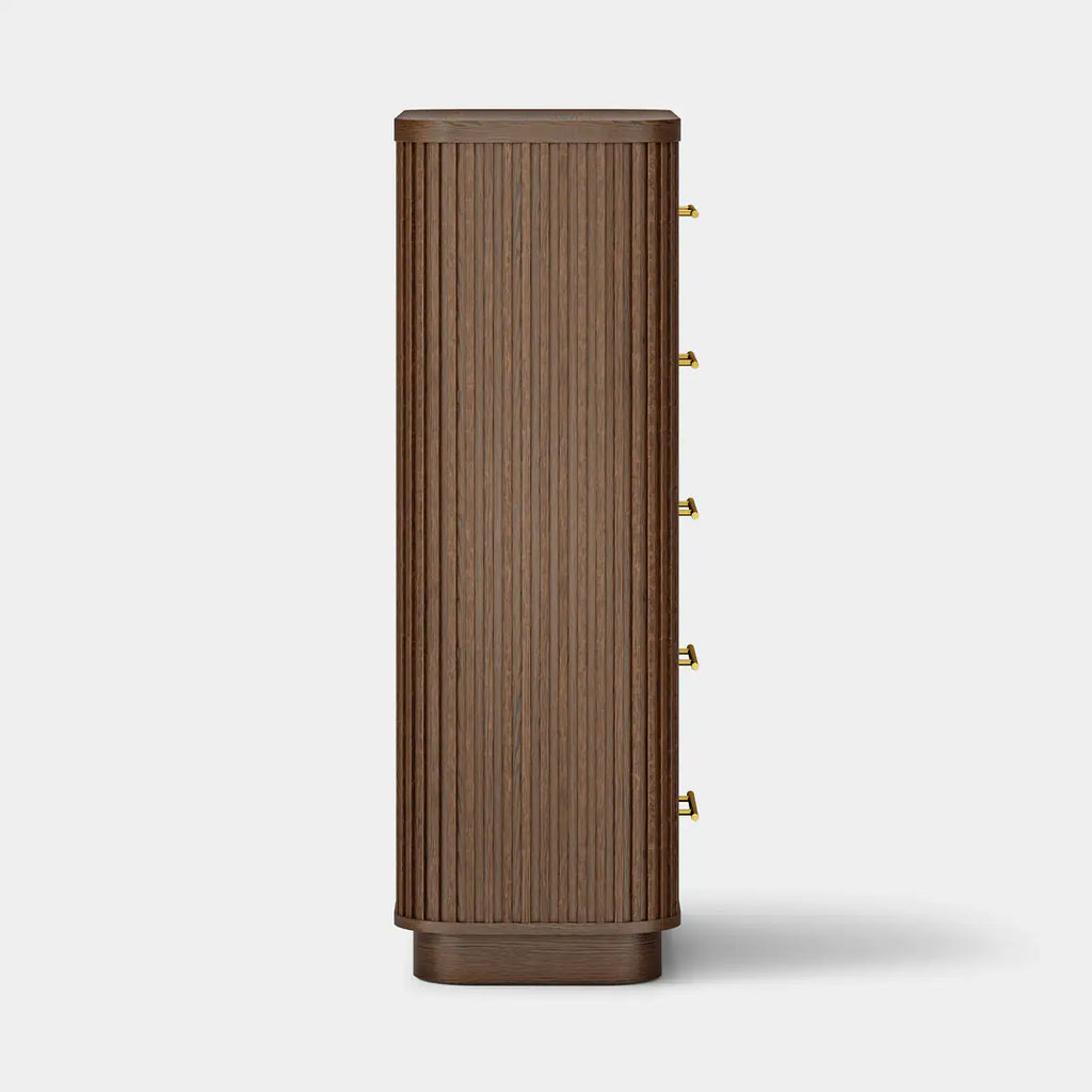 Rhea Solid Oak 5-Drawer Tall Dresser For Bedroom
