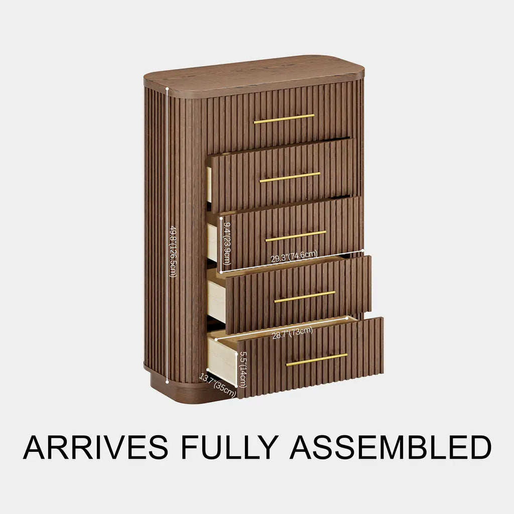 Rhea Solid Oak 5-Drawer Tall Dresser For Bedroom