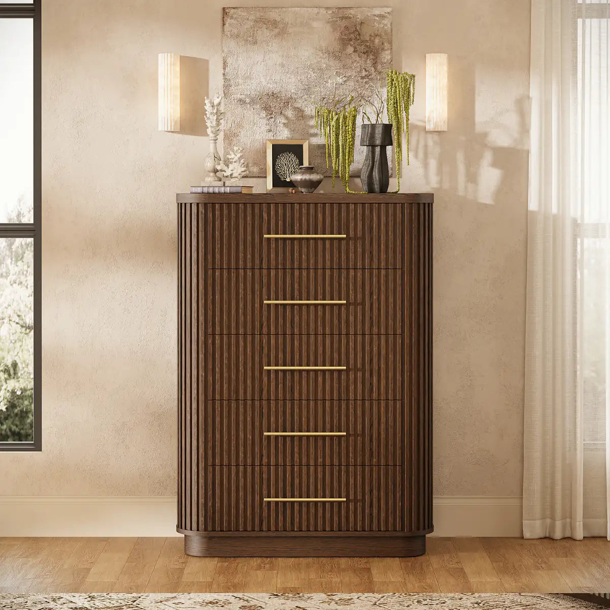 Rhea Solid Oak 5-Drawer Tall Dresser For Bedroom