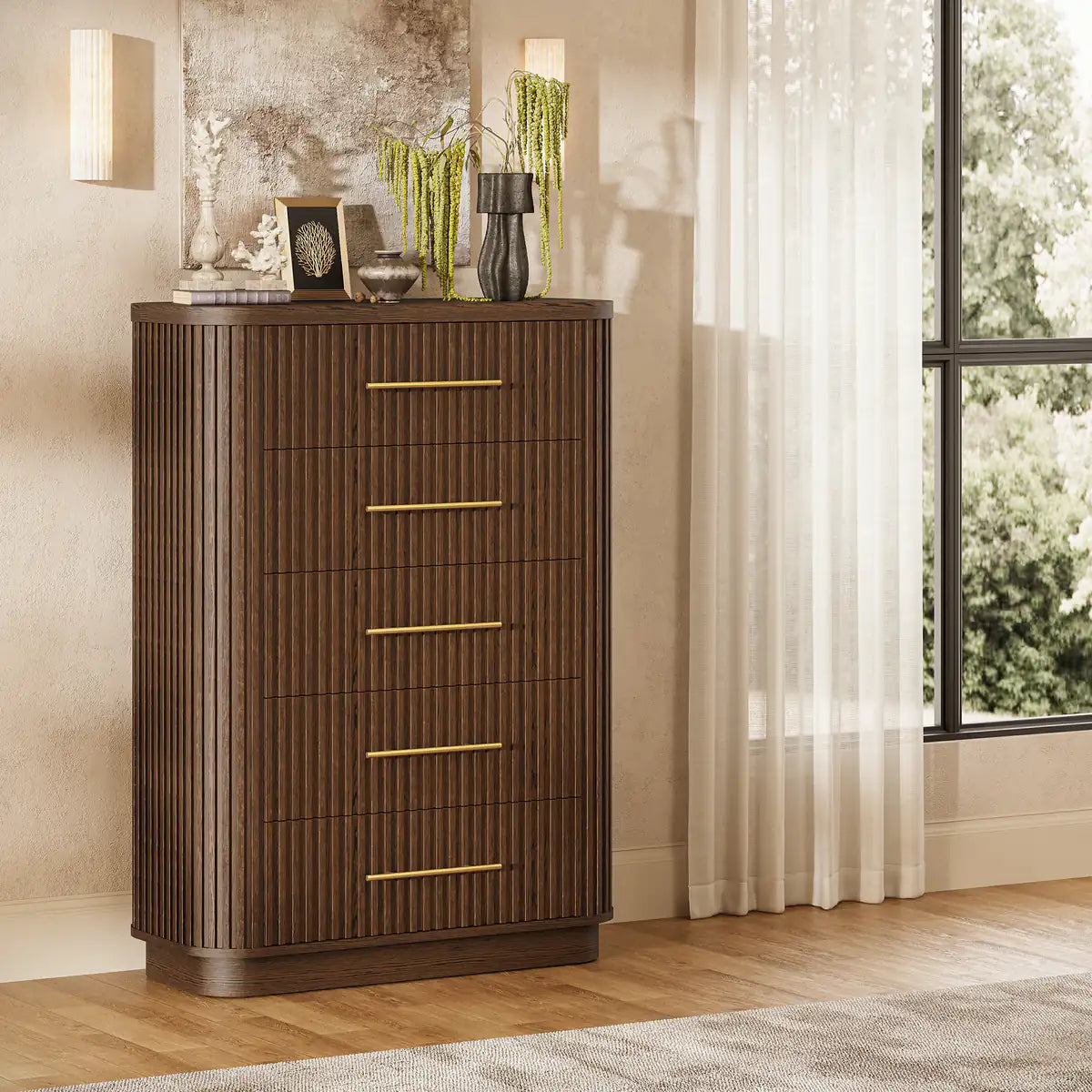 Rhea Solid Oak 5-Drawer Tall Dresser For Bedroom