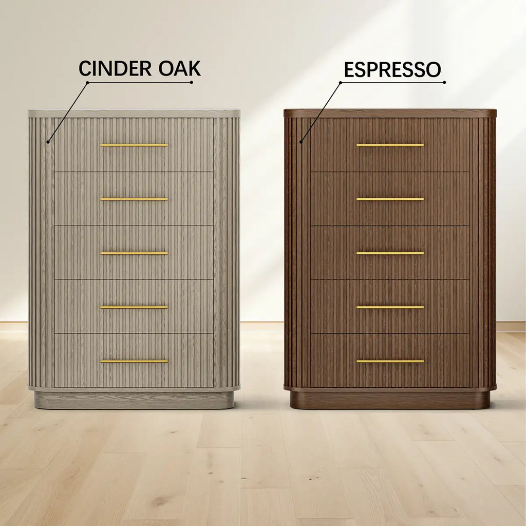 Rhea Solid Oak 5-Drawer Tall Dresser For Bedroom