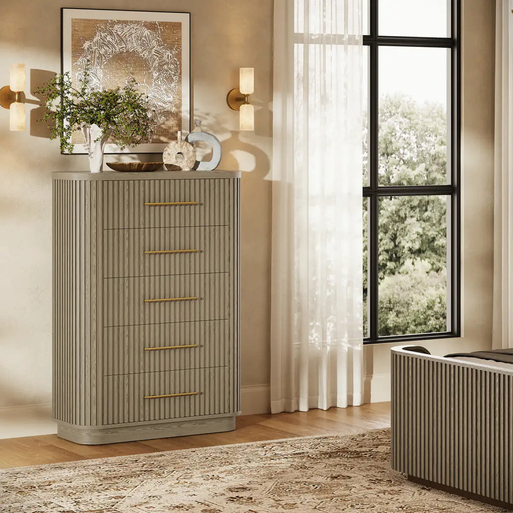 Rhea Solid Oak 5-Drawer Tall Dresser For Bedroom