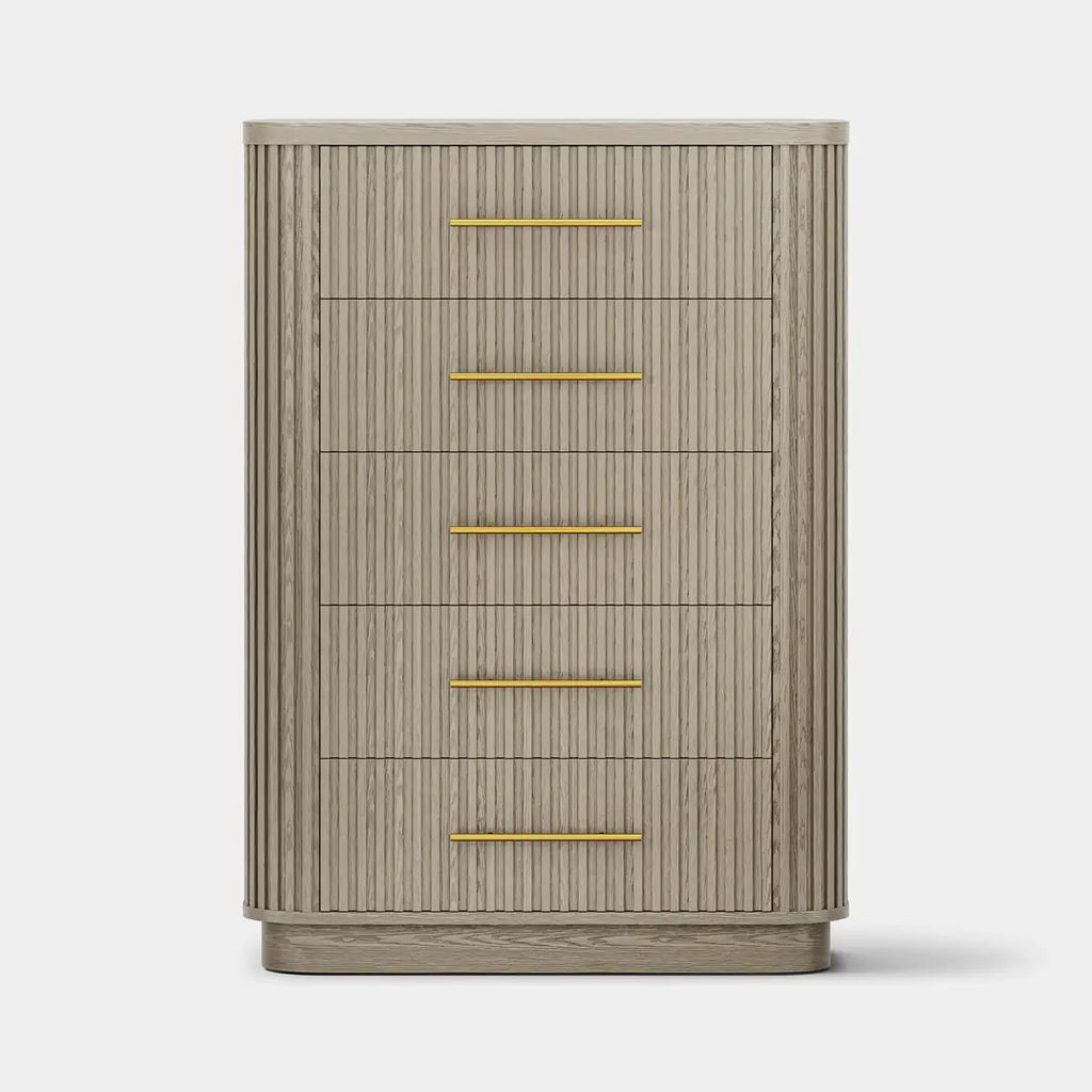 Rhea Solid Oak 5-Drawer Tall Dresser For Bedroom