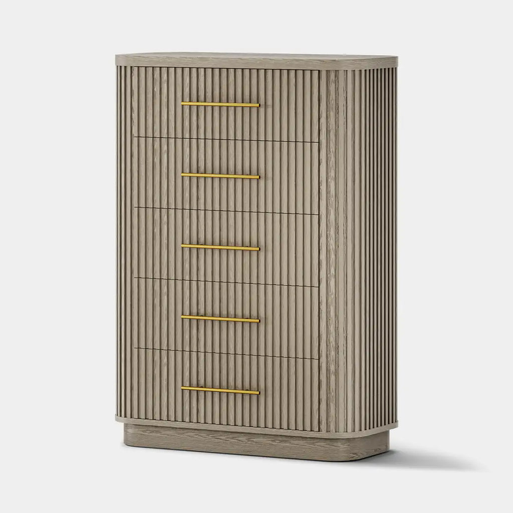 Rhea Solid Oak 5-Drawer Tall Dresser For Bedroom