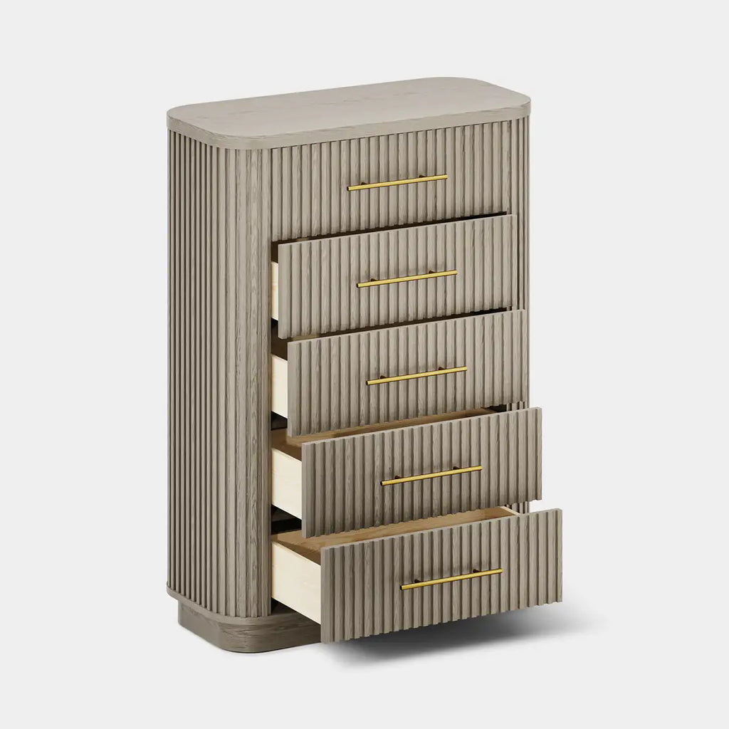 Rhea Solid Oak 5-Drawer Tall Dresser For Bedroom