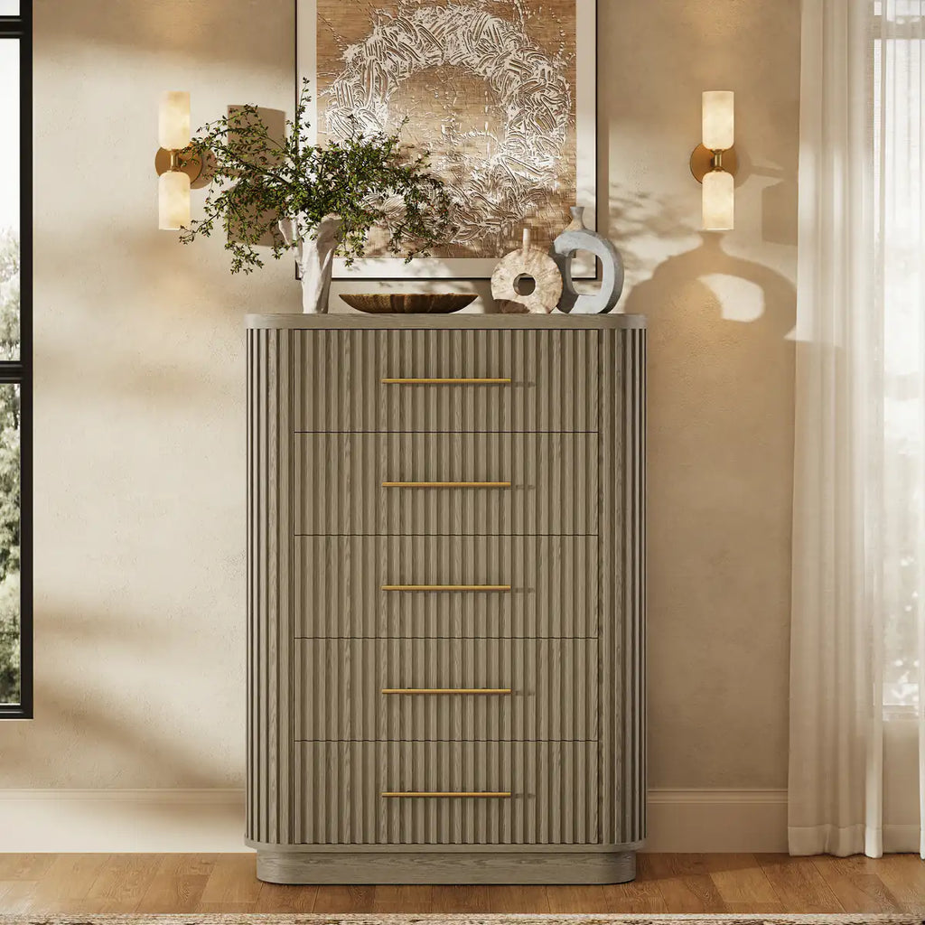 Rhea Solid Oak 5-Drawer Tall Dresser For Bedroom