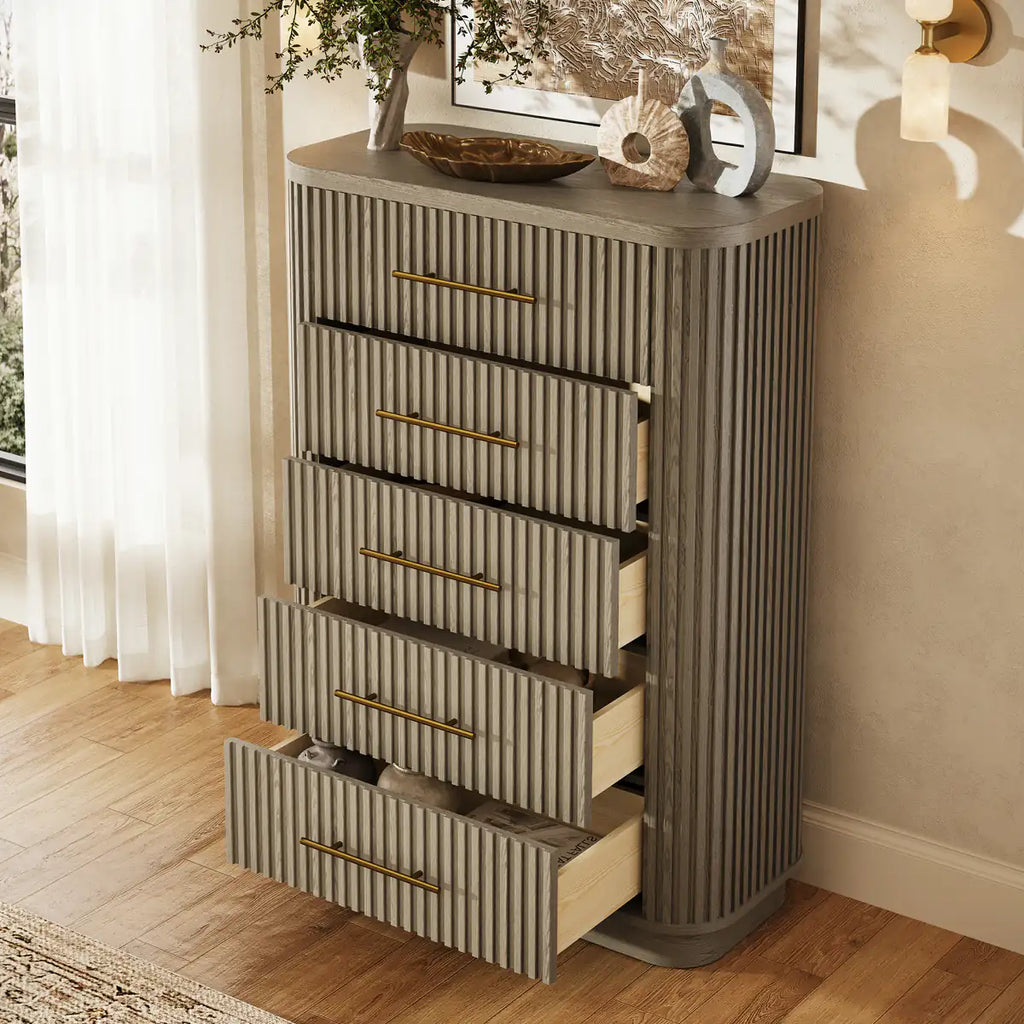 Rhea Solid Oak 5-Drawer Tall Dresser For Bedroom