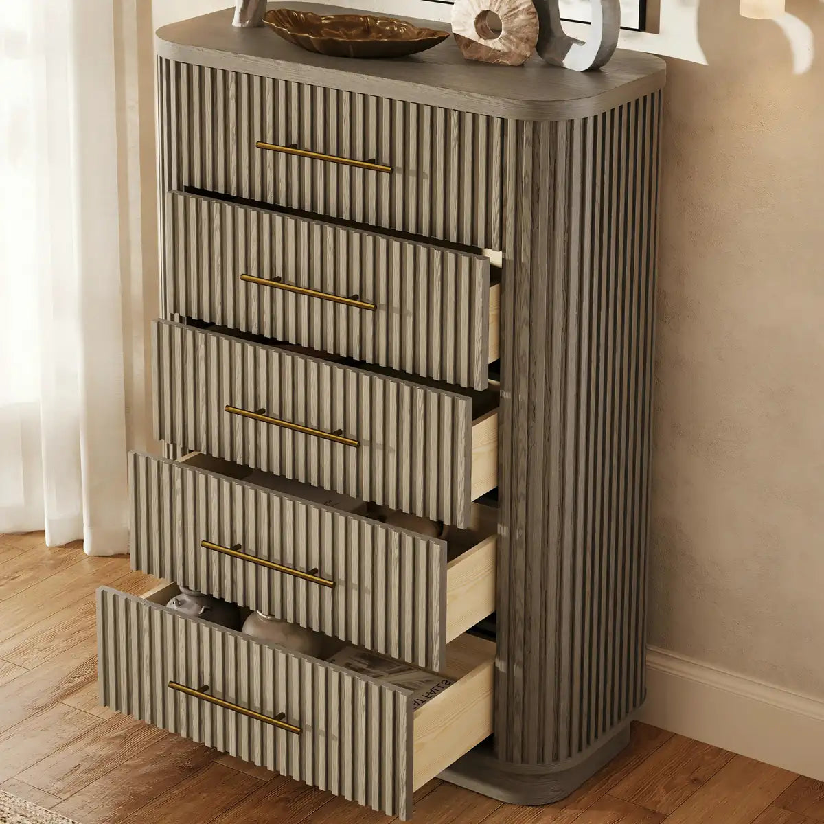Rhea Solid Oak 5-Drawer Tall Dresser For Bedroom
