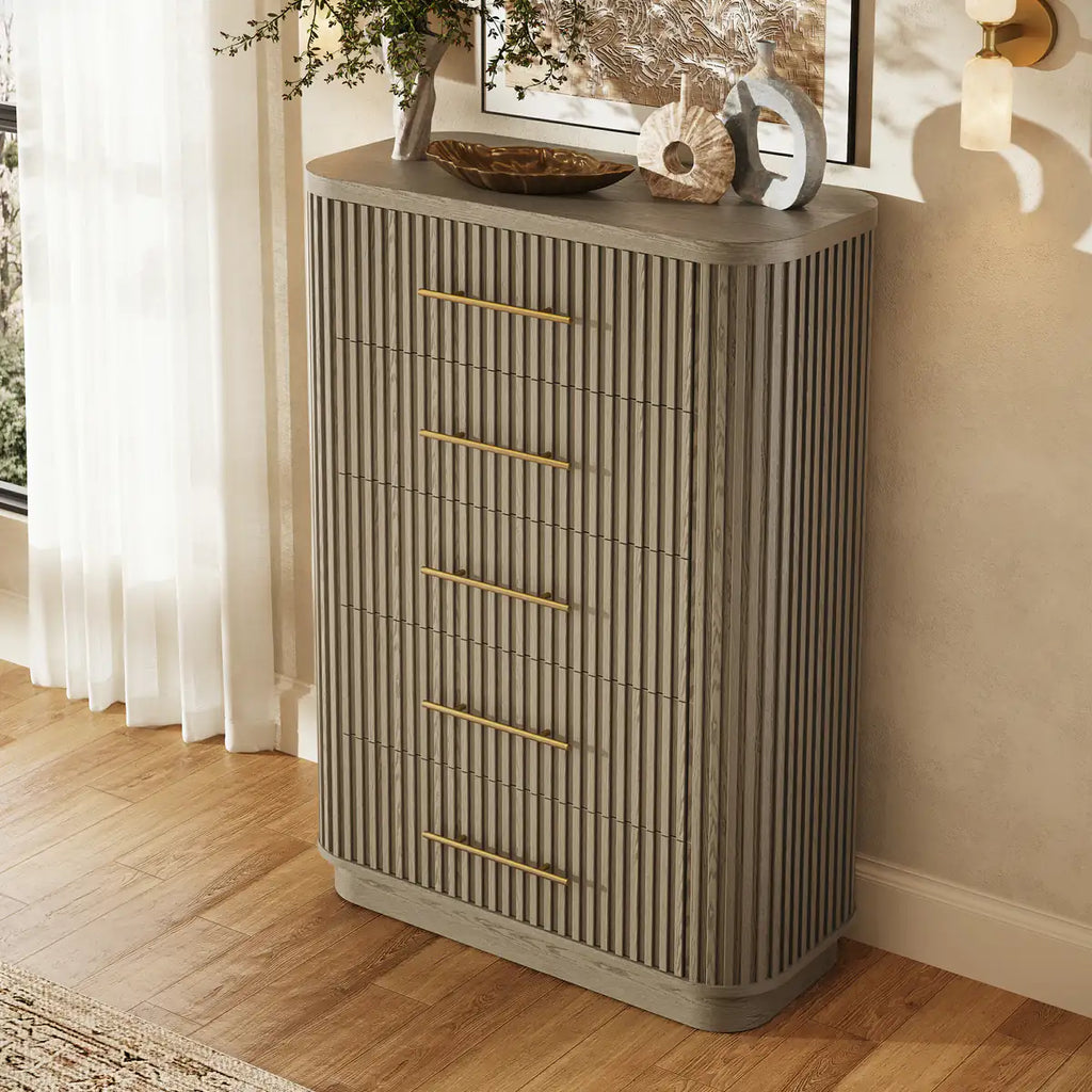 Rhea Solid Oak 5-Drawer Tall Dresser For Bedroom