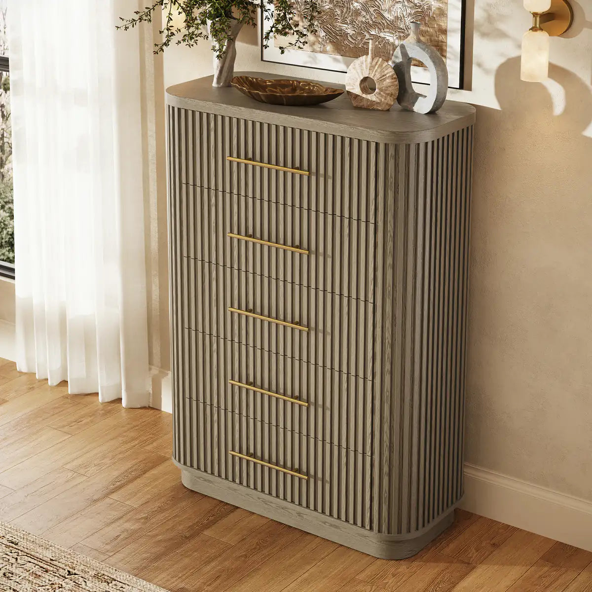 Rhea Solid Oak 5-Drawer Tall Dresser For Bedroom