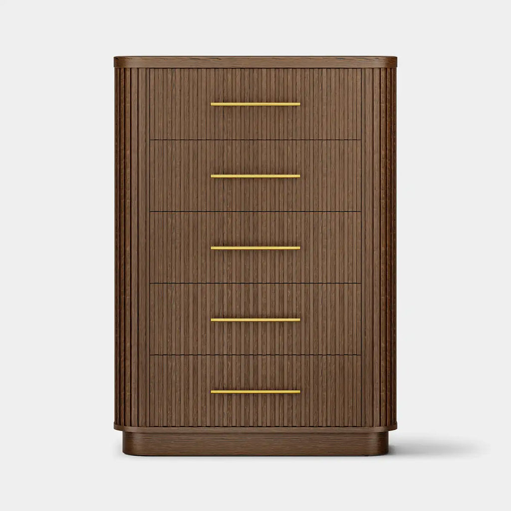 Rhea Solid Oak 5-Drawer Tall Dresser For Bedroom