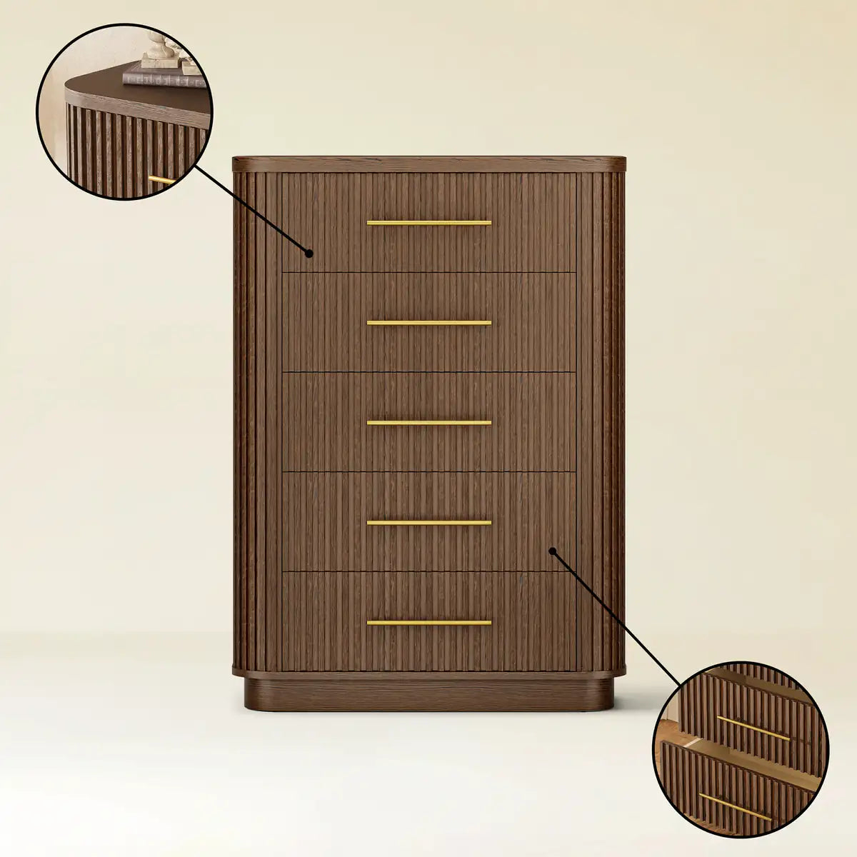 Rhea Solid Oak 5-Drawer Tall Dresser For Bedroom