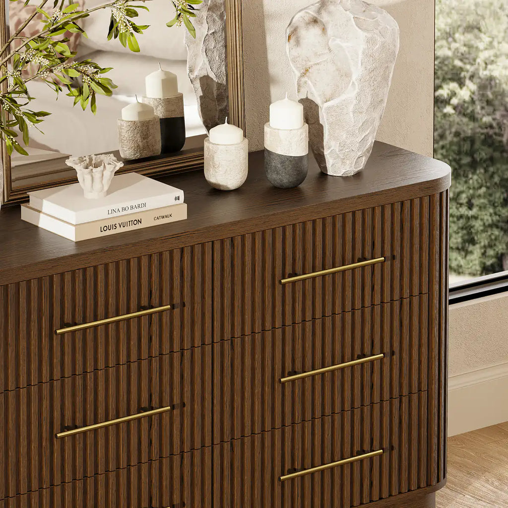 Rhea Solid Oak 6 Drawers Storage Cabinet For Living &Dining Room
