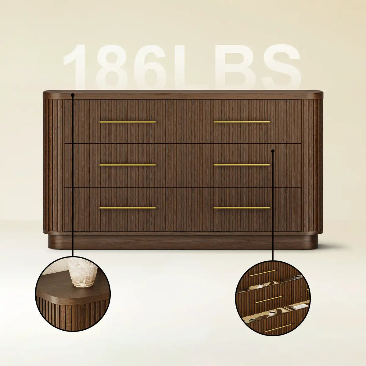 Rhea Solid Oak 6 Drawers Storage Cabinet For Living &Dining Room