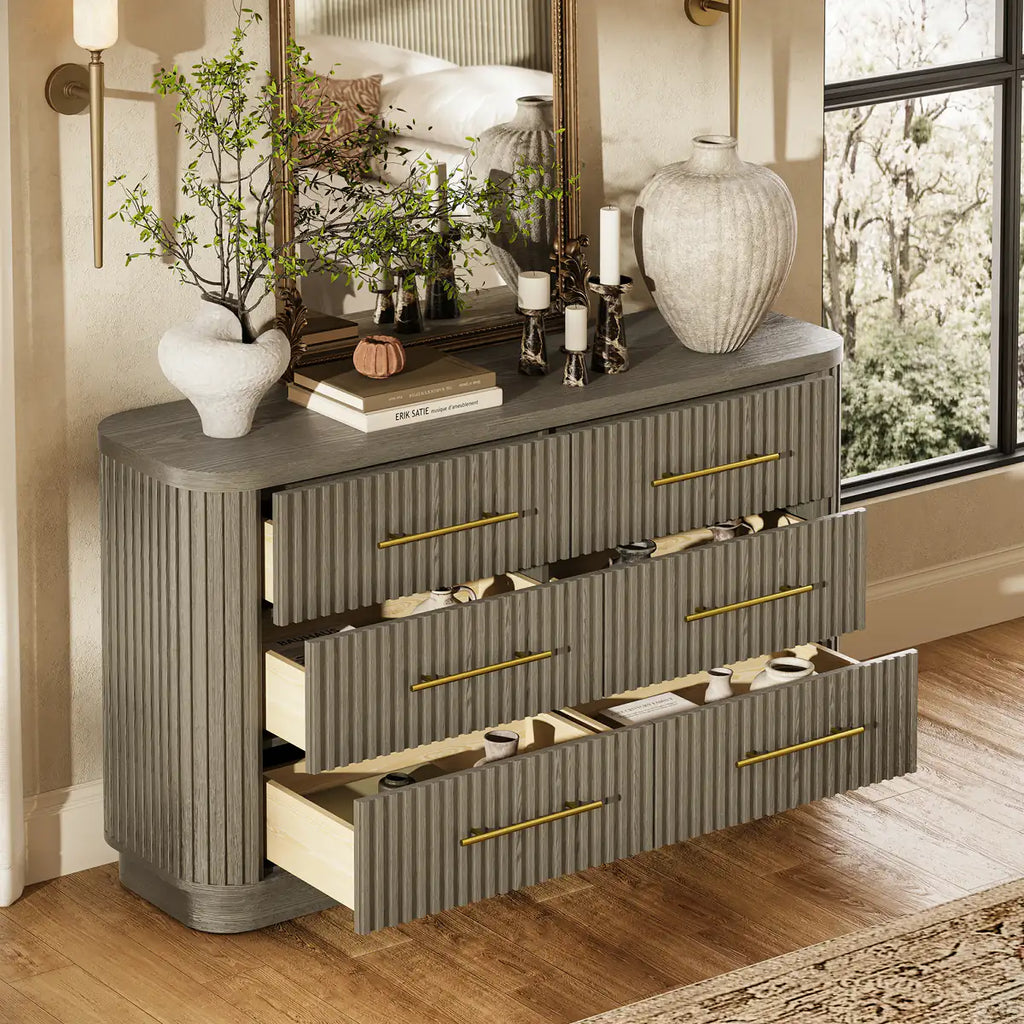 Rhea Solid Oak 6 Drawers Storage Cabinet For Living &Dining Room