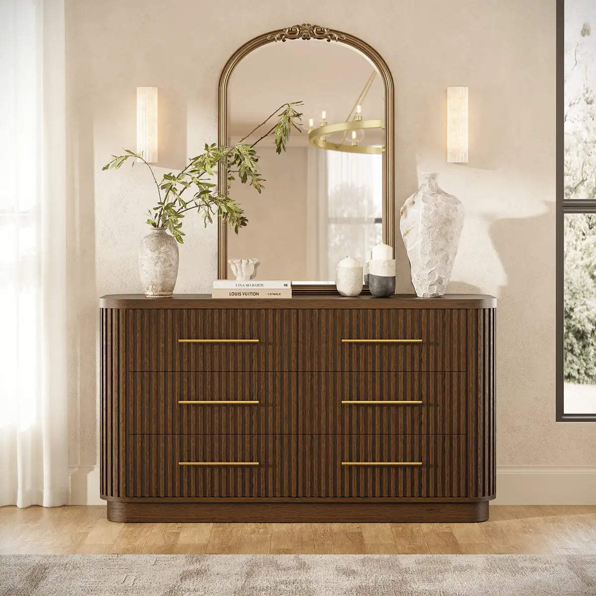 Rhea Solid Oak 6 Drawers Storage Cabinet For Living &Dining Room