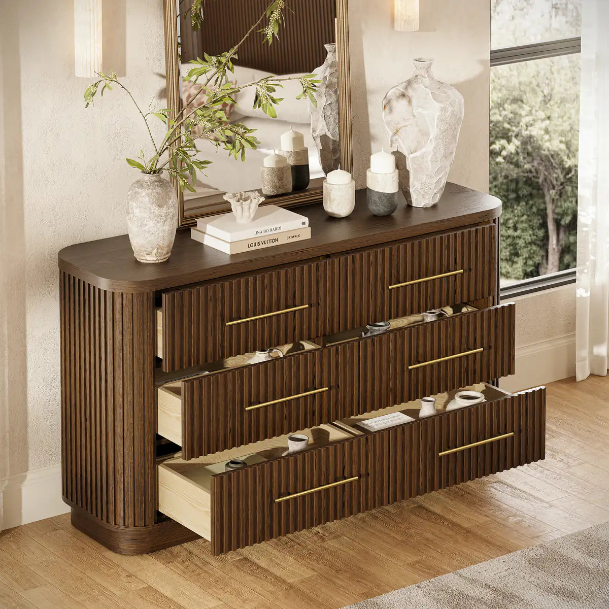 Rhea Solid Oak 6 Drawers Storage Cabinet For Living &Dining Room