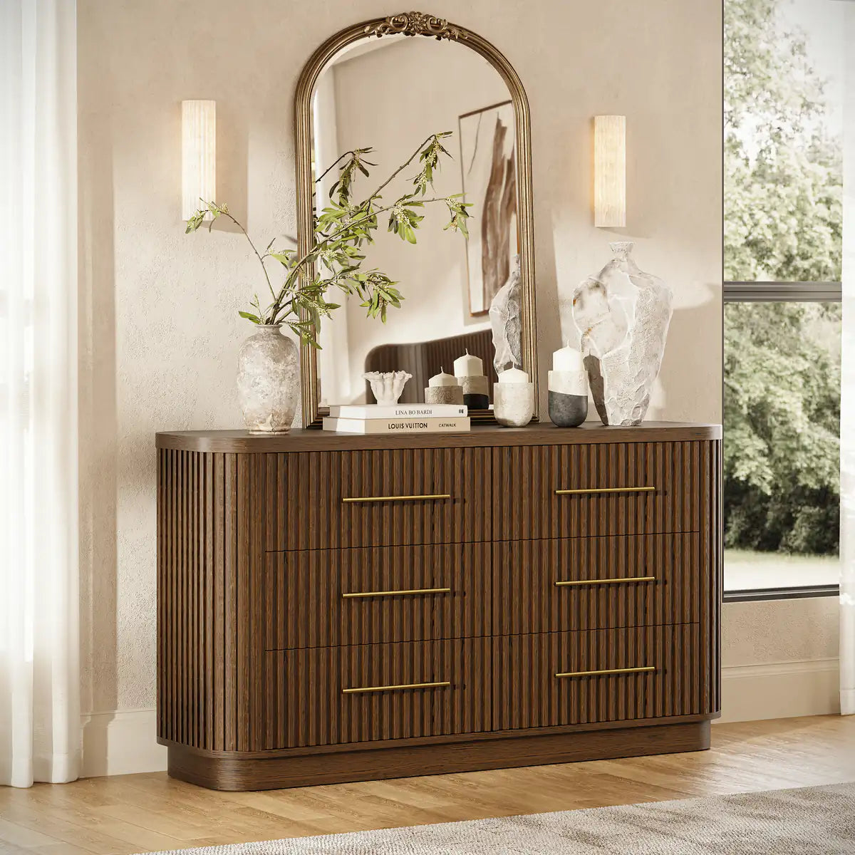 Rhea Solid Oak 6 Drawers Storage Cabinet For Living &Dining Room