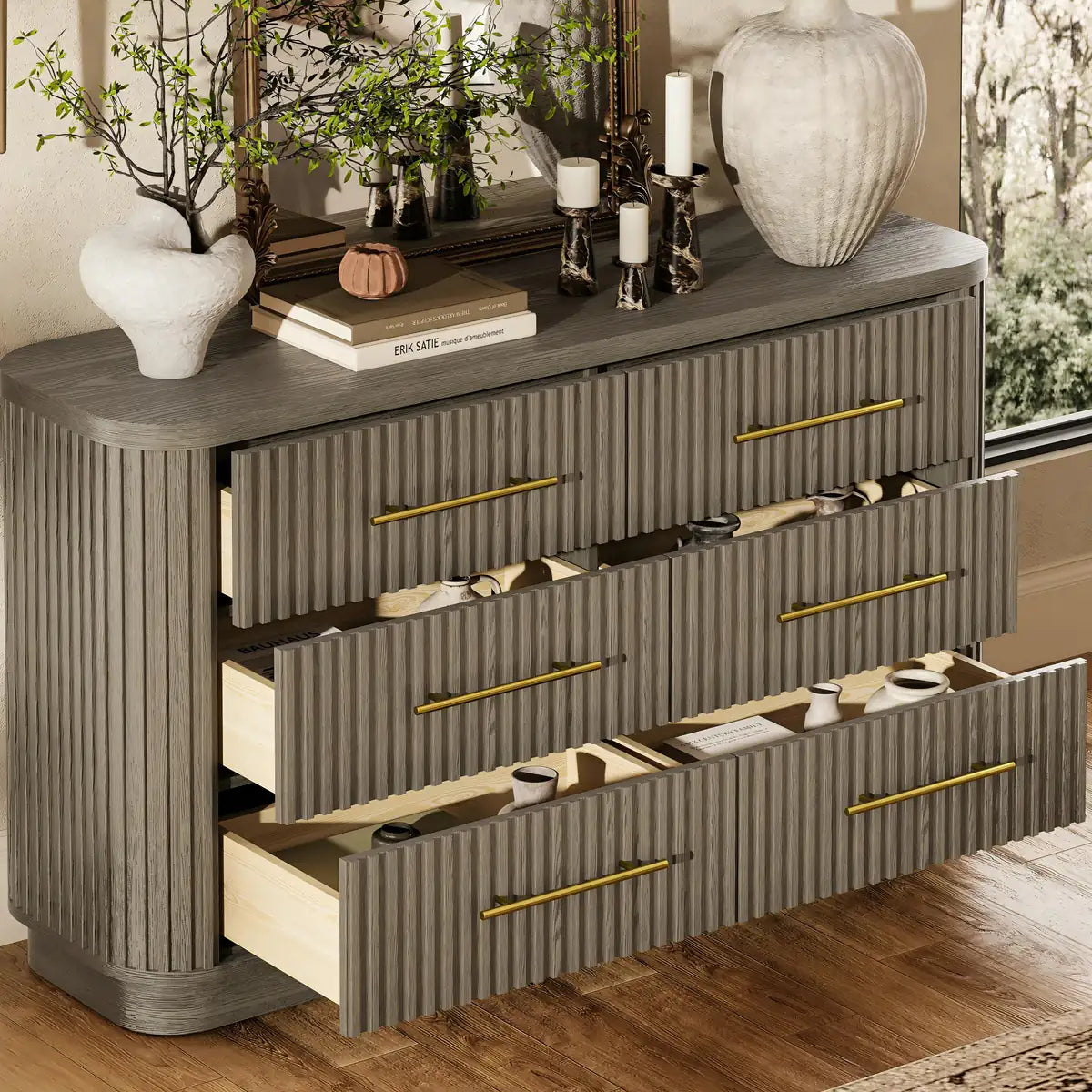 Rhea Solid Oak 6 Drawers Storage Cabinet For Living &Dining Room