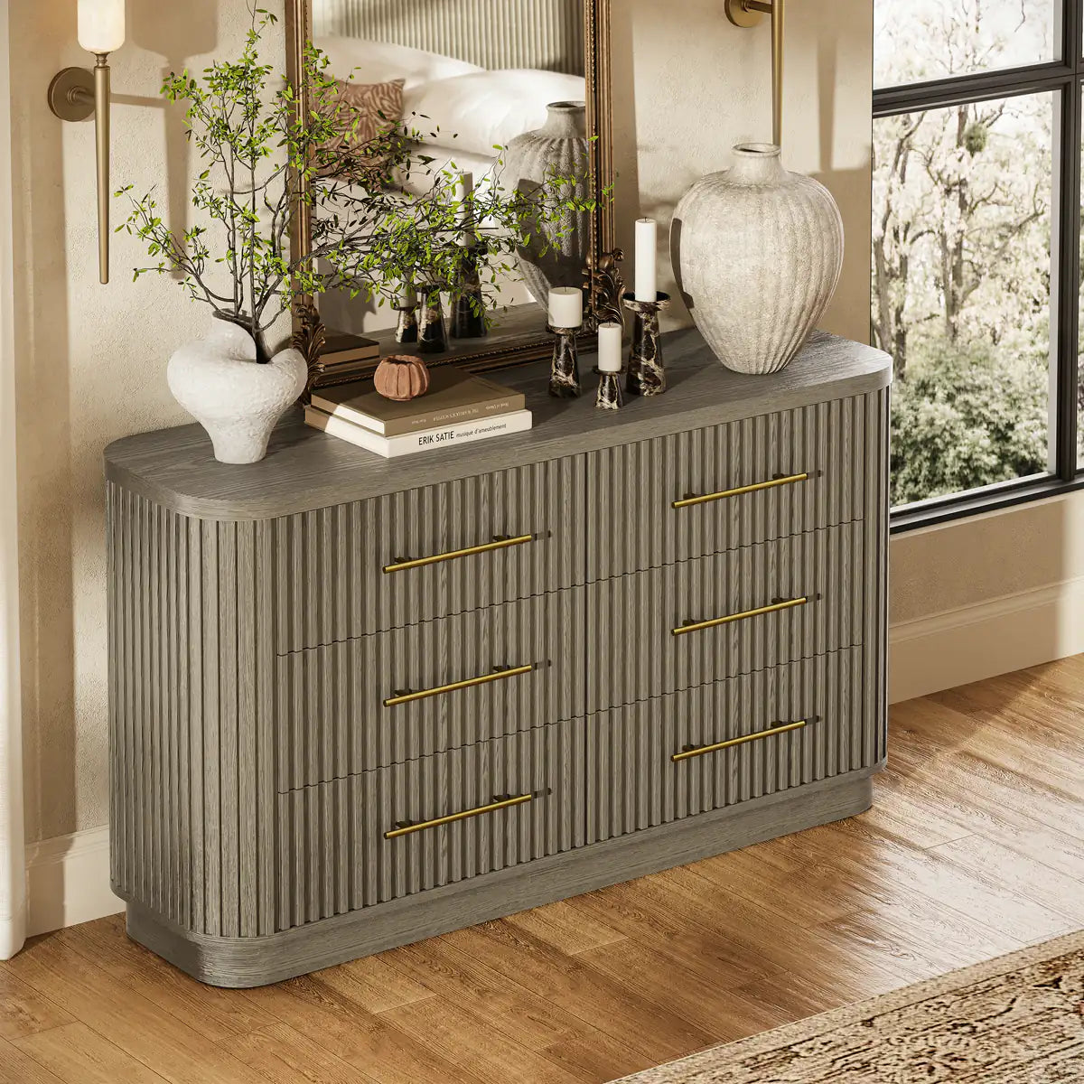 Rhea Solid Oak 6 Drawers Storage Cabinet For Living &Dining Room