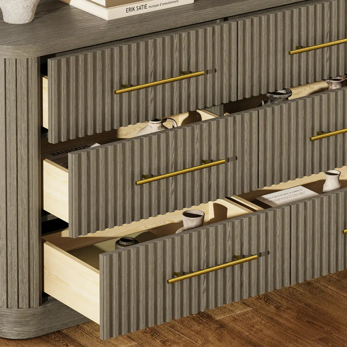 Rhea Solid Oak 6 Drawers Storage Cabinet For Living &Dining Room