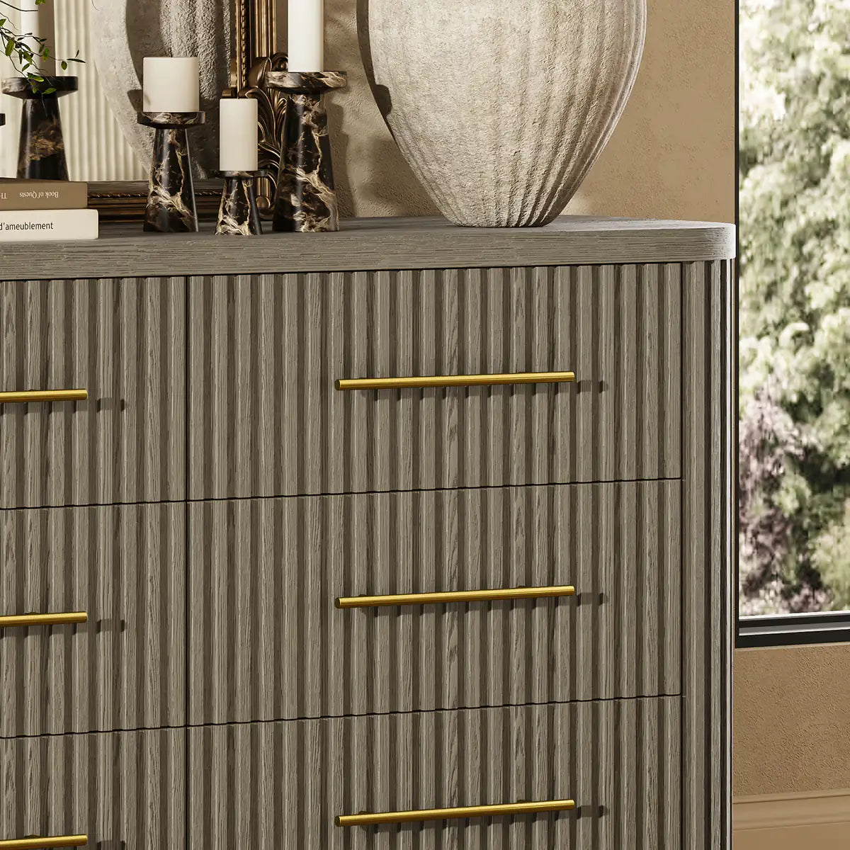 Rhea Solid Oak 6 Drawers Storage Cabinet For Living &Dining Room