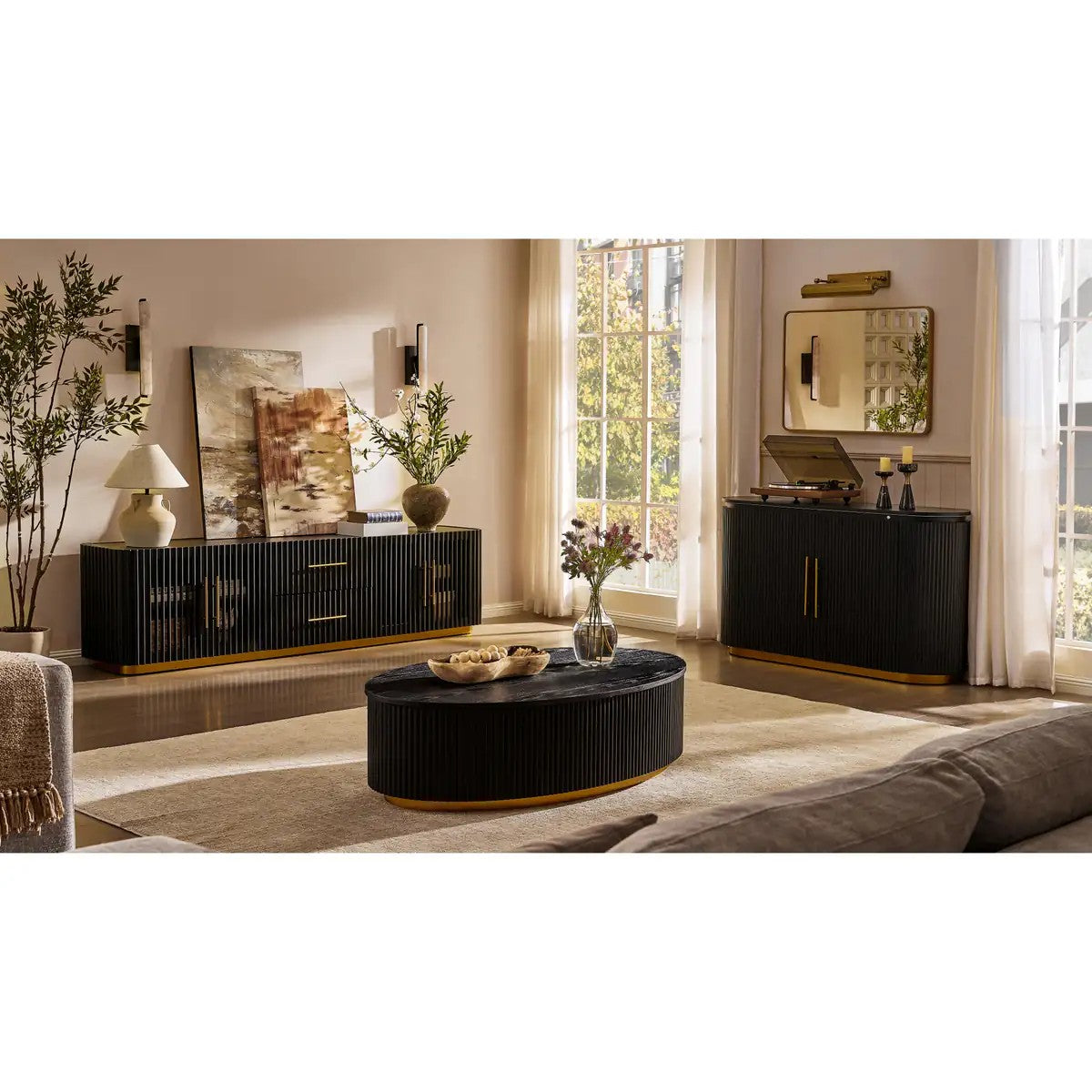 Owen Solid Oak Fluted Coffee Table 55"W For Living Room