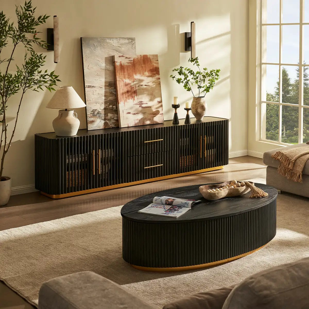 Owen Solid Oak Fluted Coffee Table 55"W For Living Room