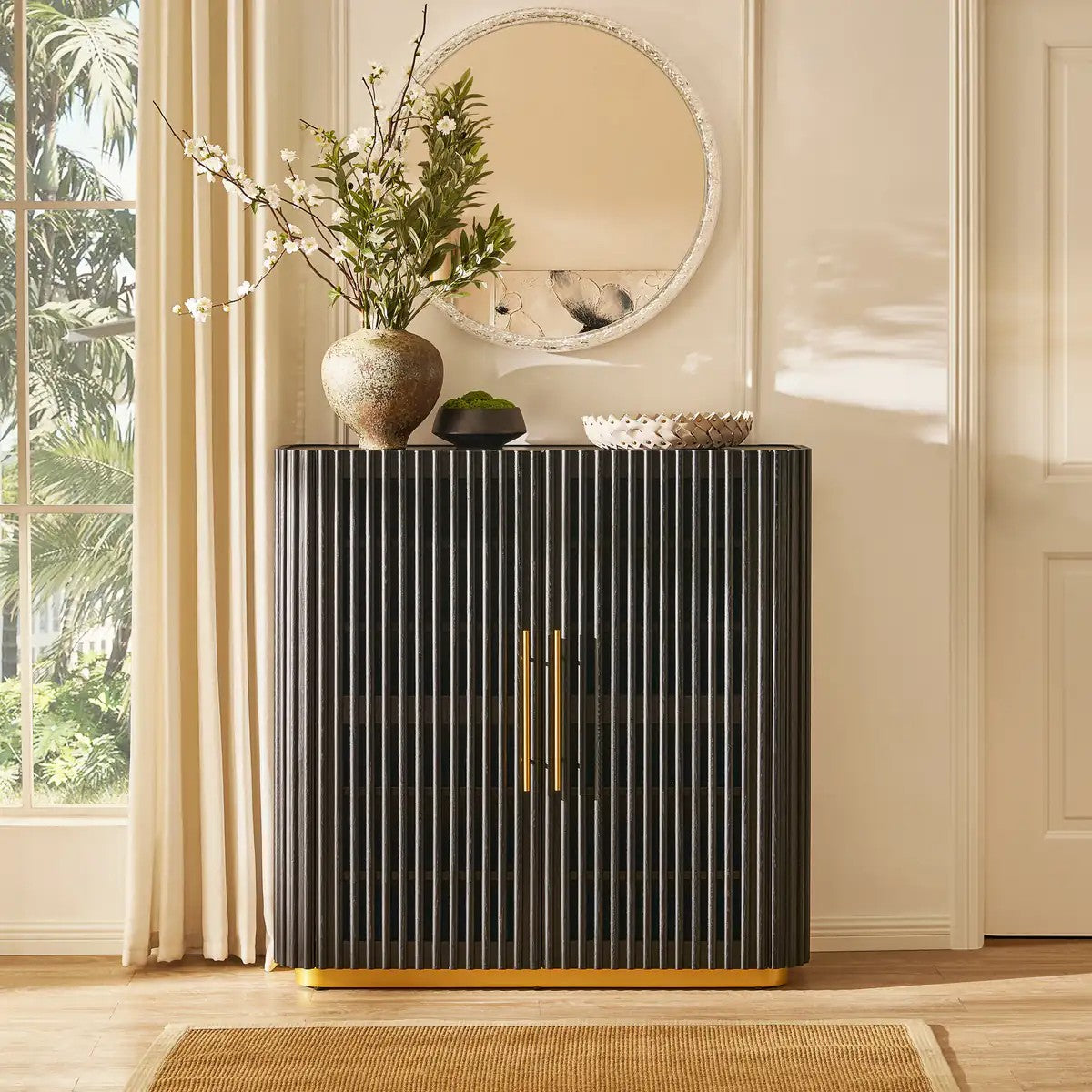 Owen Solid Oak Fluted Storage Cabinet 47“H For Living Room Dining Room