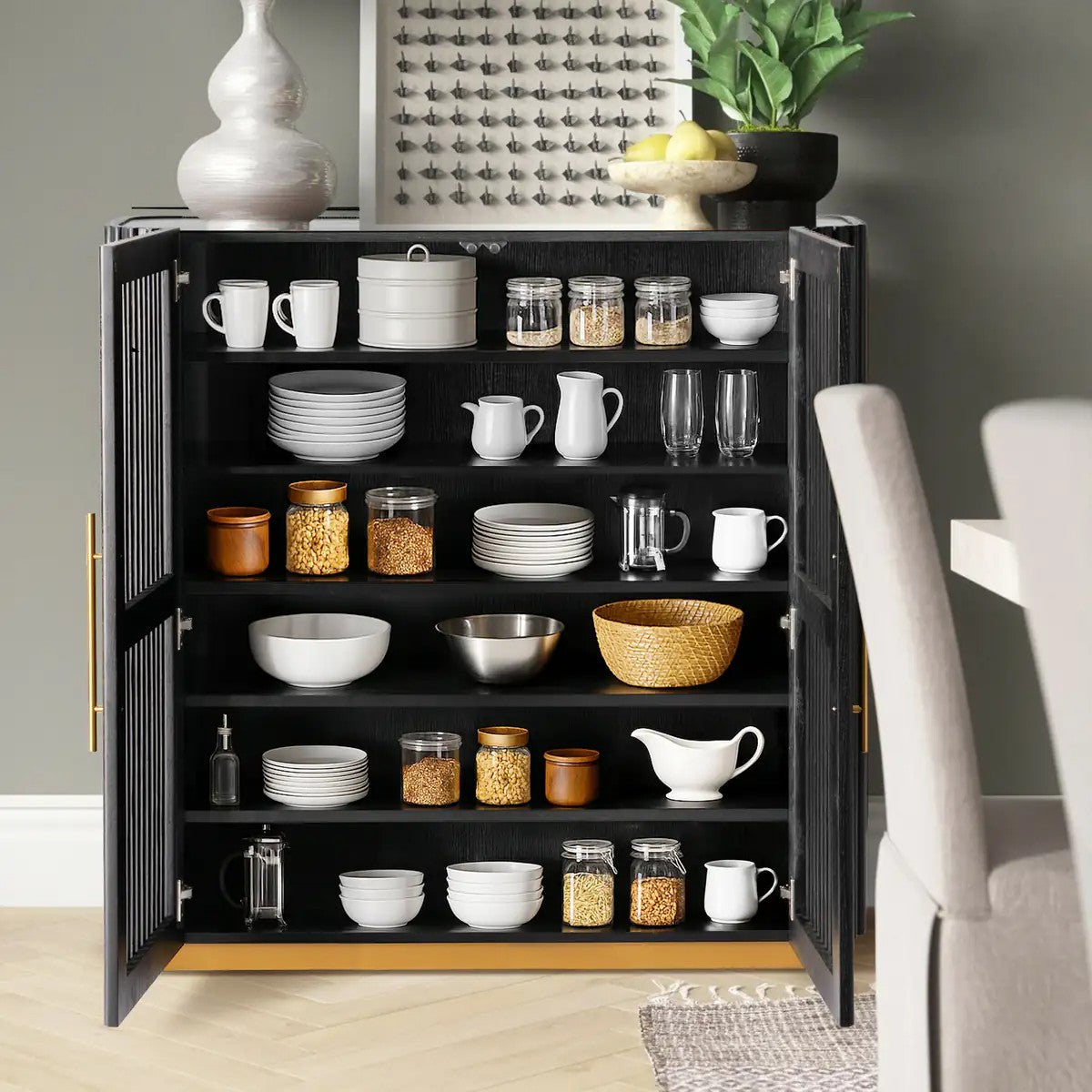 Owen Solid Oak Fluted Storage Cabinet 47“H For Living Room Dining Room