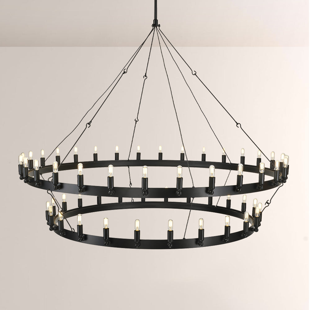 Elio Vintage Forged Round 2 Tier Candelabra Filament Chandelier 63"D
