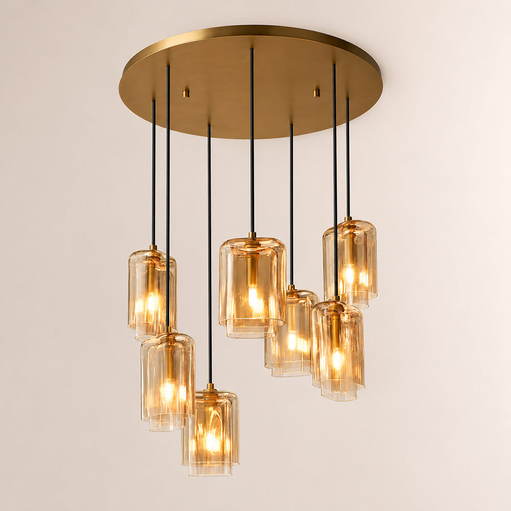 Kaelin Stacked Amber Cylinder Glass Multi Drop Cluster Chandelier