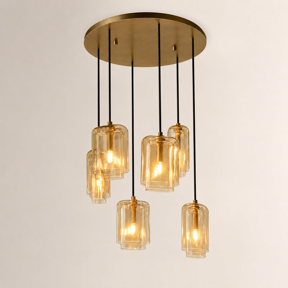Kaelin Stacked Amber Cylinder Glass Multi Drop Cluster Chandelier