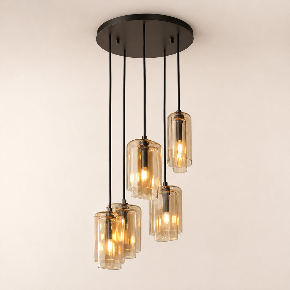 Kaelin Stacked Amber Cylinder Glass Multi Drop Cluster Chandelier