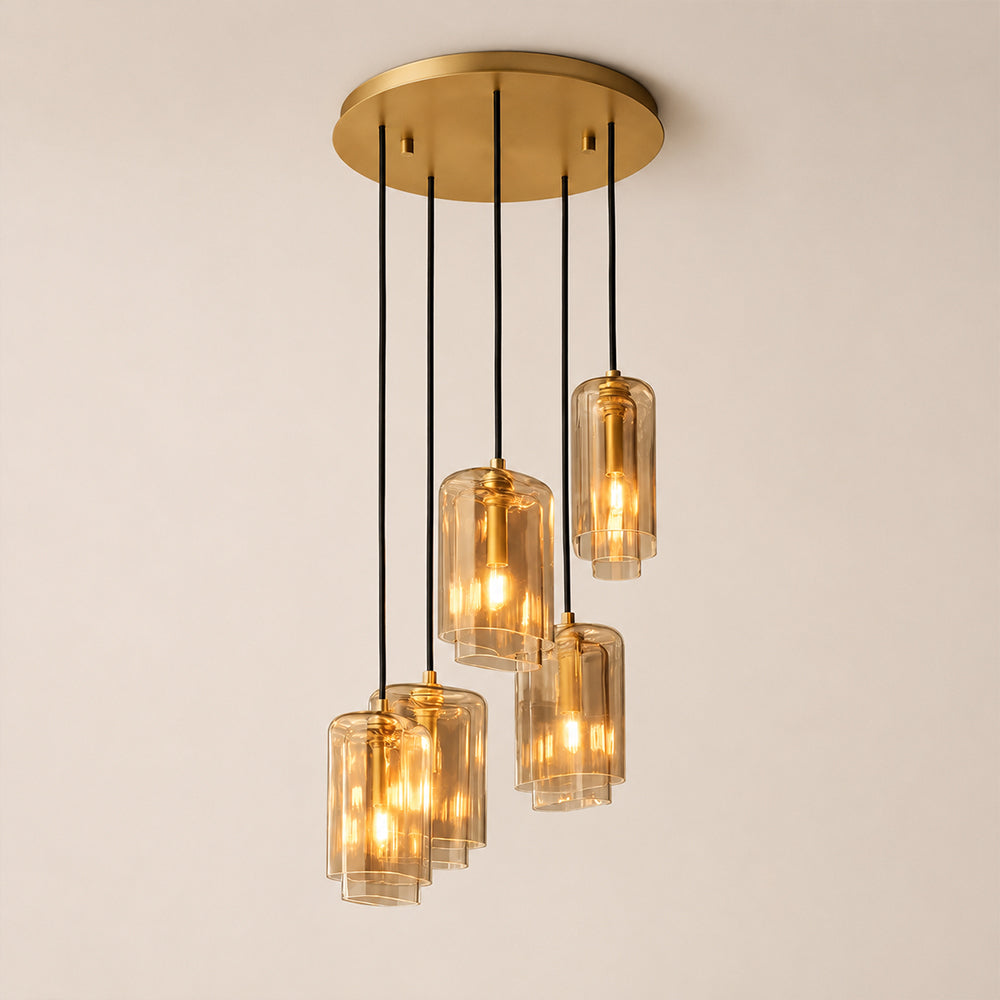 Kaelin Stacked Amber Cylinder Glass Multi Drop Cluster Chandelier