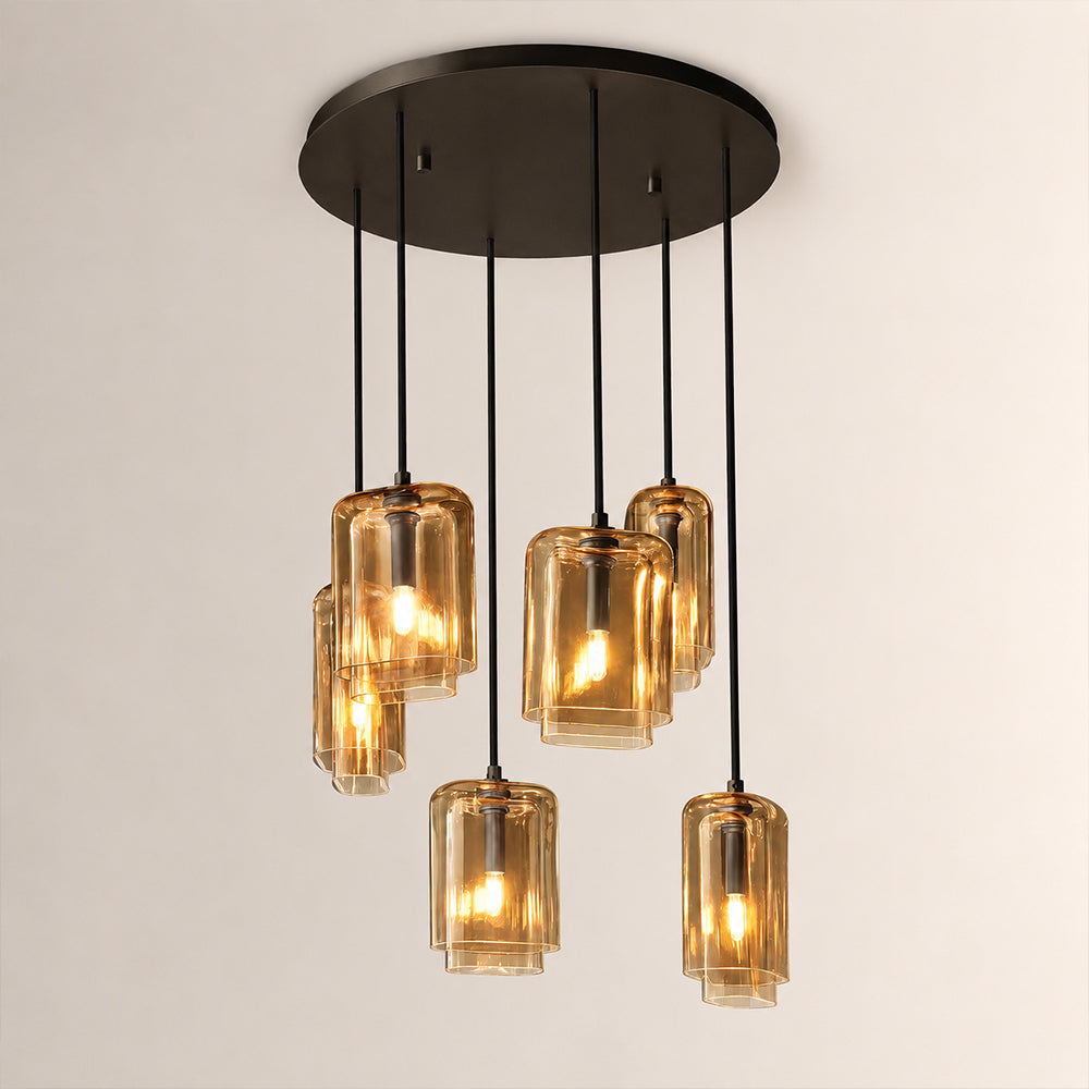 Kaelin Stacked Amber Cylinder Glass Multi Drop Cluster Chandelier