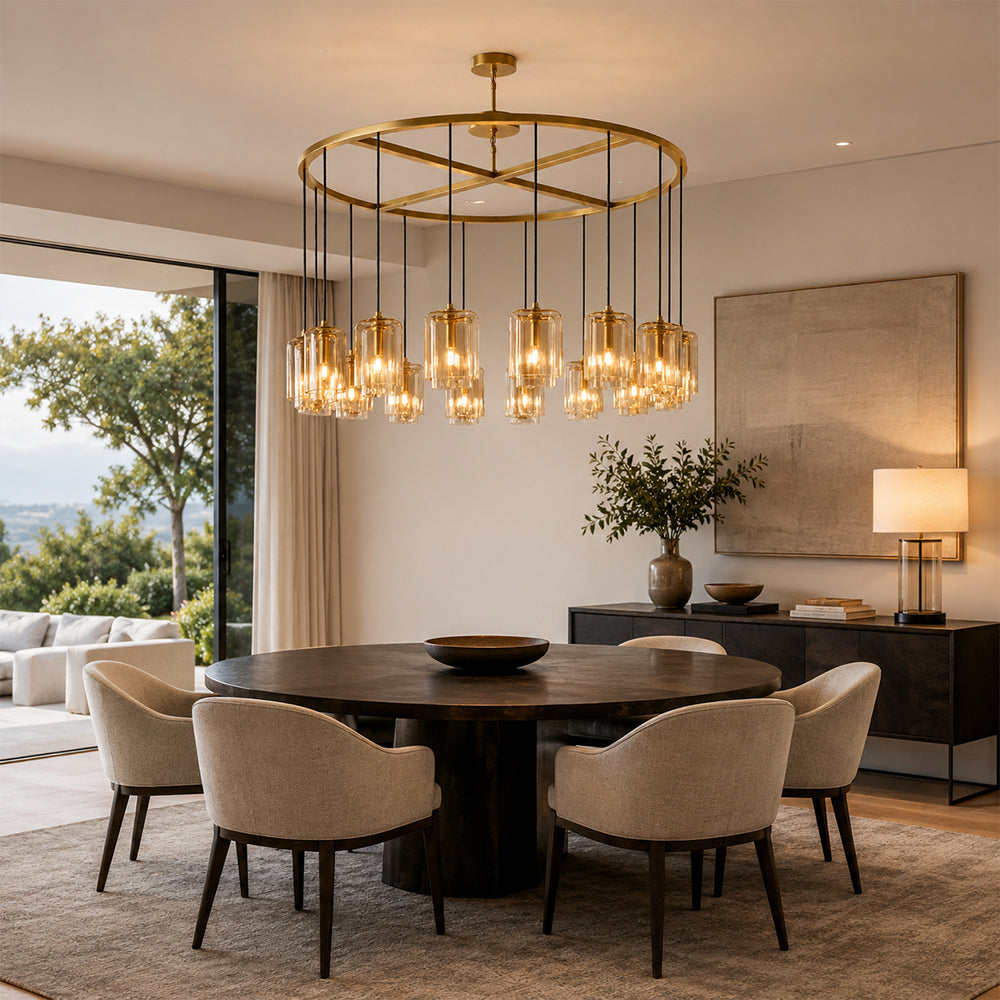 Kaelin Stacked Amber Cylinder Glass Round Ring Chandelier