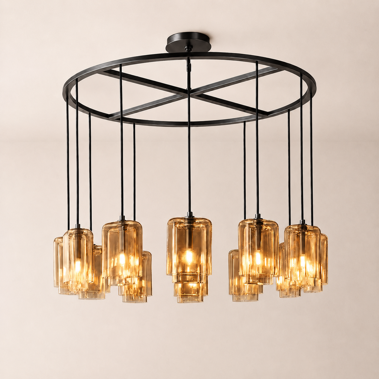 Kaelin Stacked Amber Cylinder Glass Round Ring Chandelier