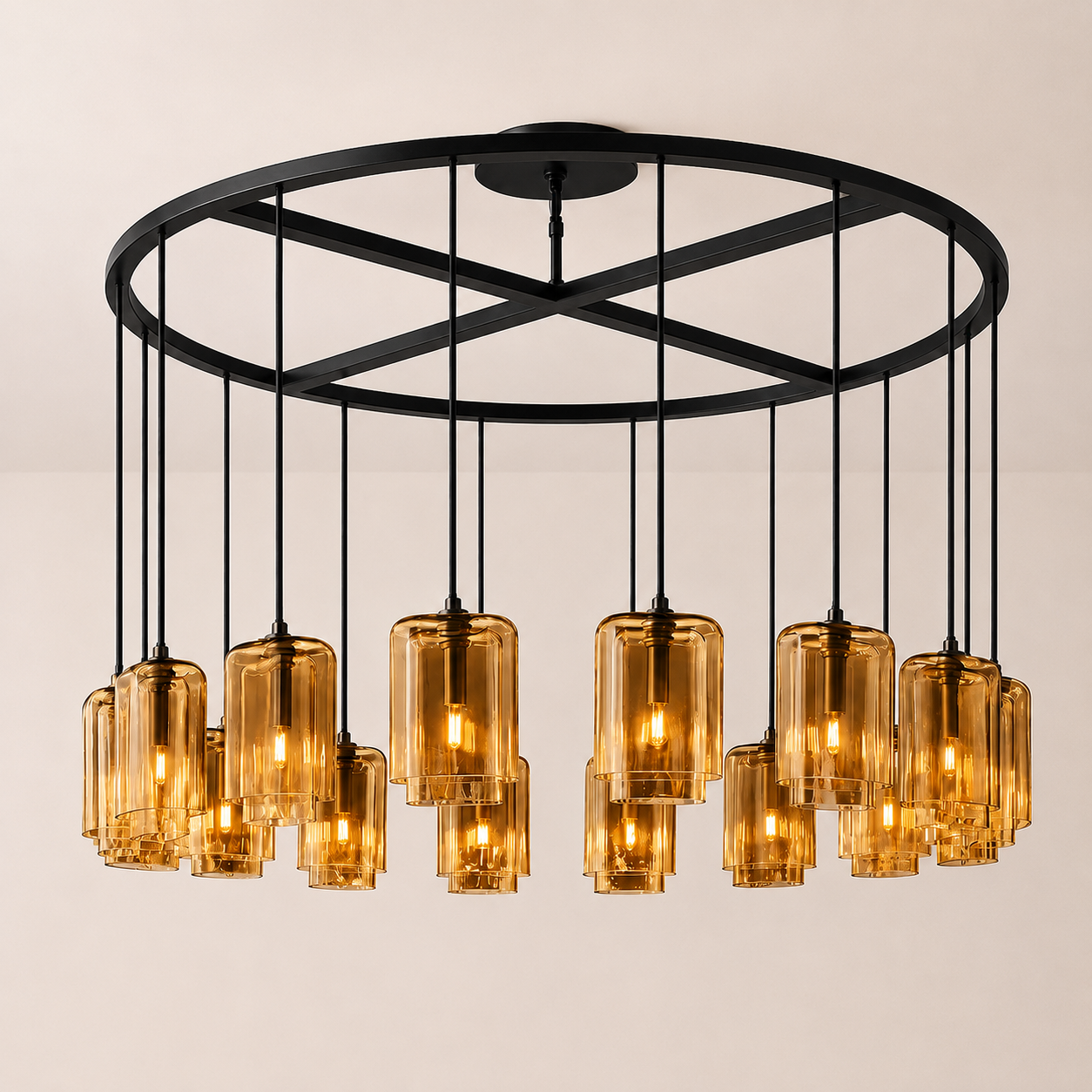 Kaelin Stacked Amber Cylinder Glass Round Ring Chandelier