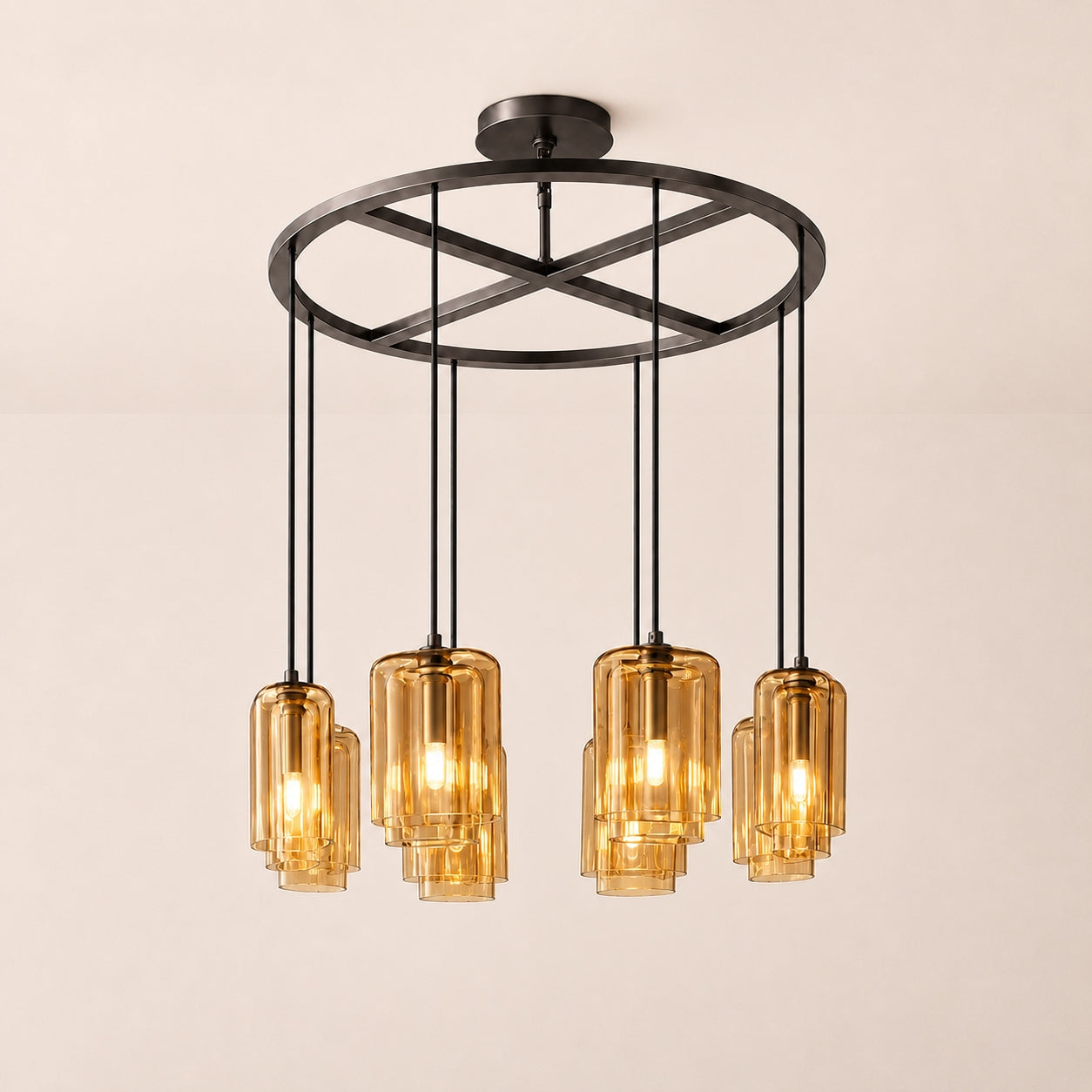Kaelin Stacked Amber Cylinder Glass Round Ring Chandelier