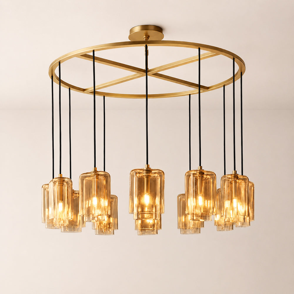 Kaelin Stacked Amber Cylinder Glass Round Ring Chandelier