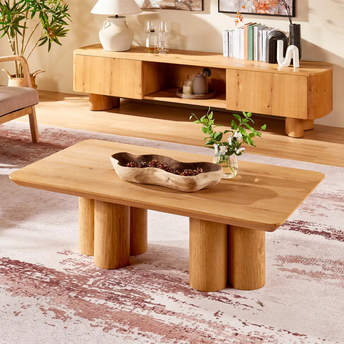 Aris Solid Oak Round Coffee Table 47"W For Living Room